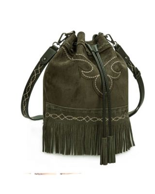 MW1341-8311OLV Montana West Boot Stitch Fringe Drawstring Crossbody Bag