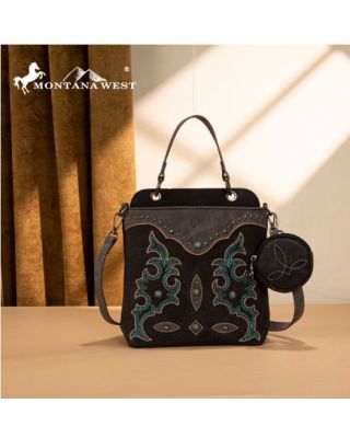 MW1344-8319 BK Montana West Embroidered Boot Scroll Top Handle Crossbody With Coin Pouch