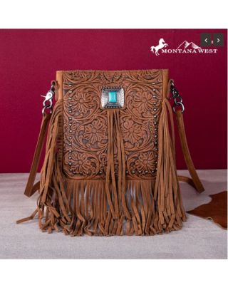 MWR-062 BR Montana West Genuine Leather Tooled Silver Turquoise Concho Fringe Crossbody 