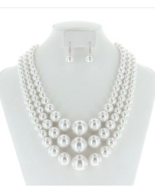 NPY065 RWH Multi Layered Pearl Strands Chunky Necklace And Earrings Set 