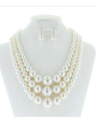 NPY065 GCR Multi Layered Pearl Strands Chunky Necklace And Earrings Set 