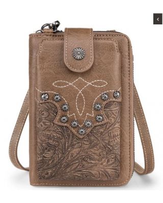 PHD-2006 BR American Bling Embossed Floral Boot Stitch Phone Wallet/Crossbody