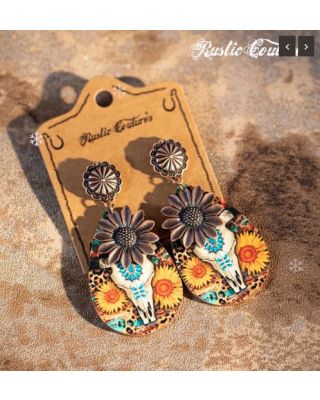 RCE-1046 BZ Rustic Couture's Metal Sunflower Wood Painted Bull Skull Sunflower 