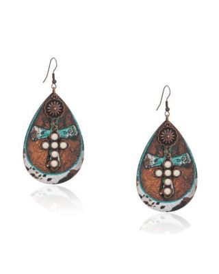 RCE-1119 TQ Rustic Couture's Stone Cross Tear Drop Embossed Wood Painted Pattern Earring 