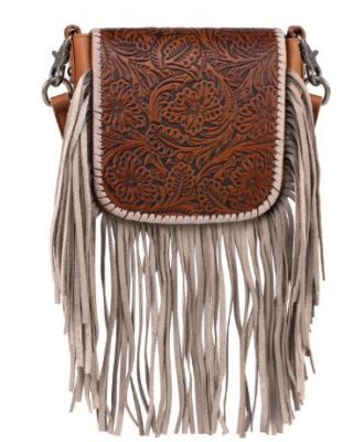 RLC-L159 BR/TN  Montana West Genuine Leather Tooled Collection Fringe Crossbody