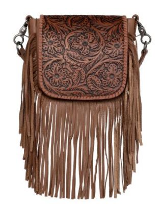 RLC-L159 BR Montana West Genuine Leather Tooled Collection Fringe Crossbody