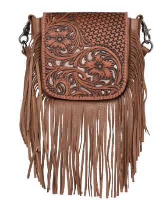 RLC-L162 BR Montana West Genuine Leather Tooled Collection Fringe Crossbody