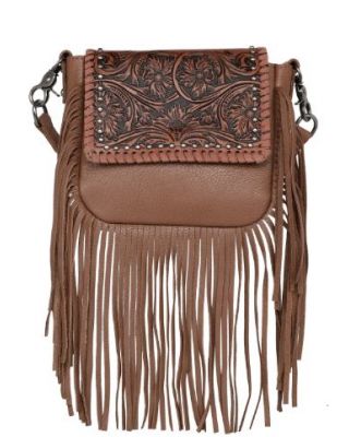 RLC-L164 BR Montana West Genuine Leather Tooled Collection Fringe Crossbody