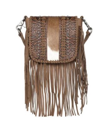 RLC-L168 BR Montana West Genuine Leather Tooled Collection Fringe Crossbody
