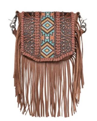 RLC-L166 BR Montana West Genuine Leather Tooled Collection Fringe Crossbody