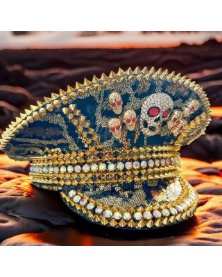 Steampunk Style Unisex Leopard Print Decorative Captain Hat with Rhinestone Skull B