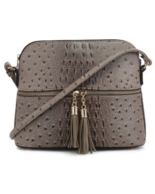 SG3031N ST Ostrich Croc Tassel Zip Dome Crossbody Bag Satchel 