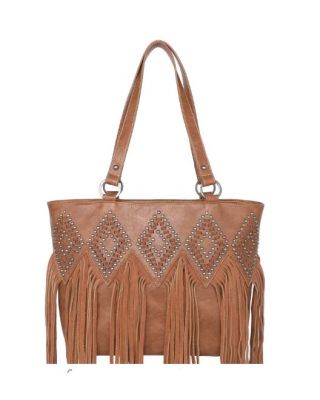 TR143G-8317 BR  Trinity Ranch Leather Fringe Collection Concealed Carry Tote