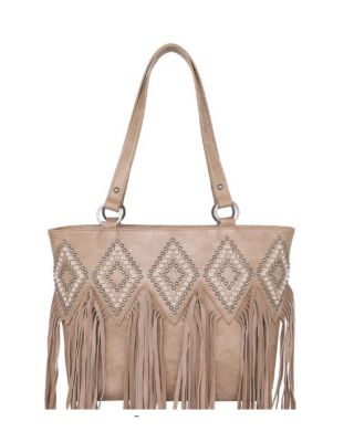 TR143G-8317 KH  Trinity Ranch Leather Fringe Collection Concealed Carry Tote