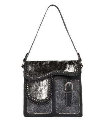 TR149G-918 BK Trinity Ranch Hair-On Cowhide Saddle Shape Collection Concealed Carry Hobo
