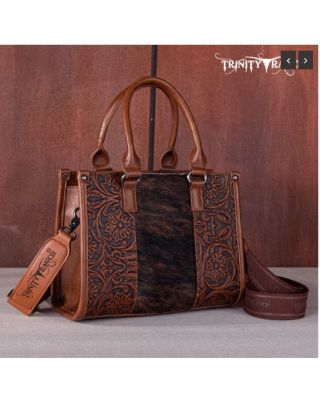 TR164-8250 BR Trinity Ranch Hair On Cowhide Tooling Concealed Carry Tote/Crossbody