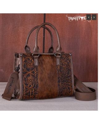 TR164-8250 CF Trinity Ranch Hair On Cowhide Tooling Concealed Carry Tote/Crossbody