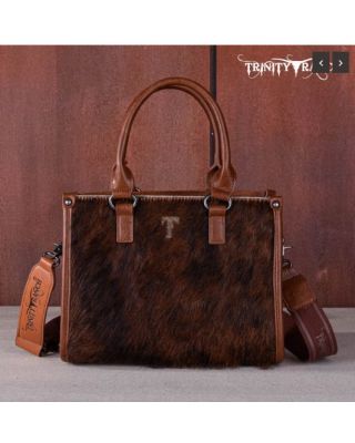 TR164-8250A BR Trinity Ranch Hair On Cowhide Tooling Concealed Carry Tote/Crossbody