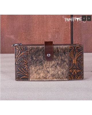 TR164-W044 OAK  Trinity Ranch Genuine Hair-On Cowhide Tooled Bi-Fold Wallet/Card Organizer