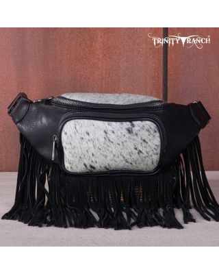 TR165-194A BK  Trinity Ranch Genuine Hair-On Cowhide Fringe Belt Bag