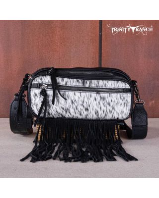 TR165-197 BK Trinity Ranch Genuine Hair-On Cowhide Triple Zippered Pocket Fringe Belt Bag