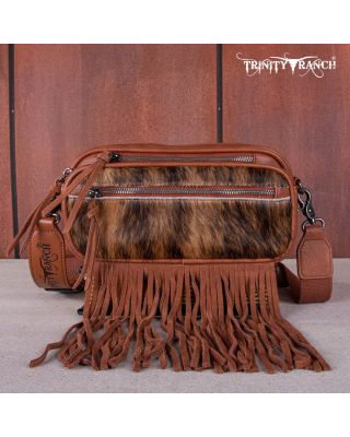 TR165-197 BR Trinity Ranch Genuine Hair-On Cowhide Triple Zippered Pocket Fringe Belt Bag
