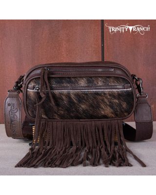 TR165-197 CF Trinity Ranch Genuine Hair-On Cowhide Triple Zippered Pocket Fringe Belt Bag