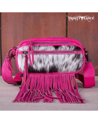 TR165-197 HPK Trinity Ranch Genuine Hair-On Cowhide Triple Zippered Pocket Fringe Belt Bag