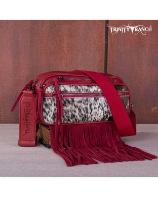 TR165-197 RD Trinity Ranch Genuine Hair-On Cowhide Triple Zippered Pocket Fringe Belt Bag