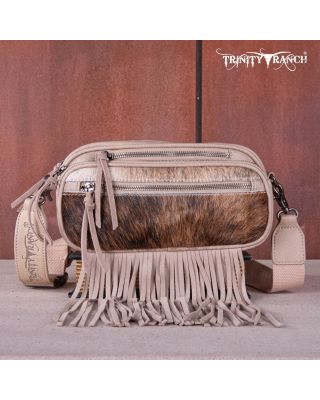 TR165-197 TN Trinity Ranch Genuine Hair-On Cowhide Triple Zippered Pocket Fringe Belt Bag