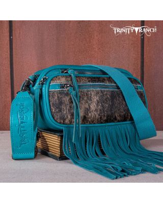 TR165-197 TQ Trinity Ranch Genuine Hair-On Cowhide Triple Zippered Pocket Fringe Belt Bag