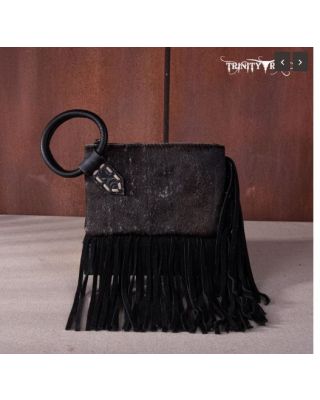 TR167-A181 BK Trinity Ranch Genuine Hair-On Cowhide Ring Handle Wristlet Clutch Bag