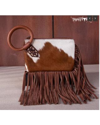 TR167-A181 OAK Trinity Ranch Genuine Hair-On Cowhide Ring Handle Wristlet Clutch Bag