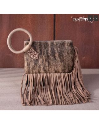 TR167-A181 TN Trinity Ranch Genuine Hair-On Cowhide Ring Handle Wristlet Clutch Bag