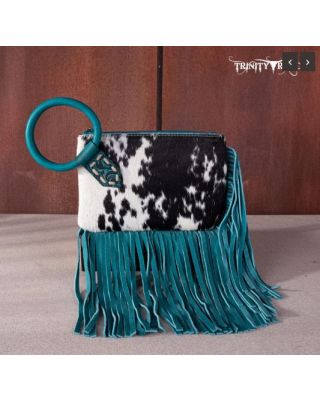 TR167-A181 TQ Trinity Ranch Genuine Hair-On Cowhide Ring Handle Wristlet Clutch Bag