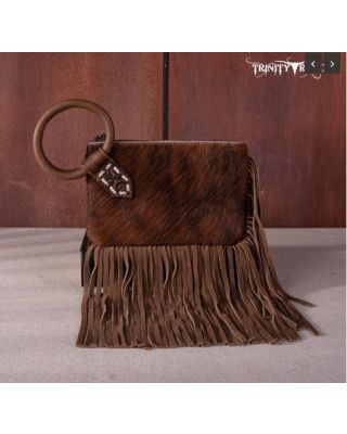 TR167-A181 BR Trinity Ranch Genuine Hair-On Cowhide Ring Handle Wristlet Clutch Bag