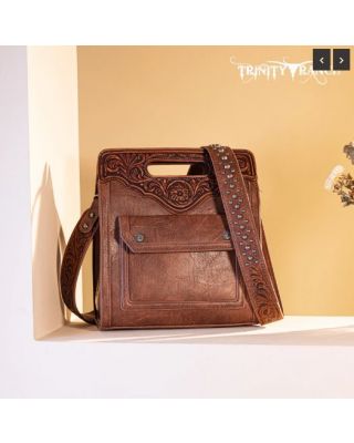 TR173G-9360 BR  Trinity Ranch Floral Tooled Concealed Carry Crossbody Bag