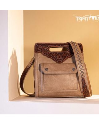 TR173G-A9360 KH  Trinity Ranch Hair-On Cowhide Floral Tooled Concealed Carry Crossbody Bag
