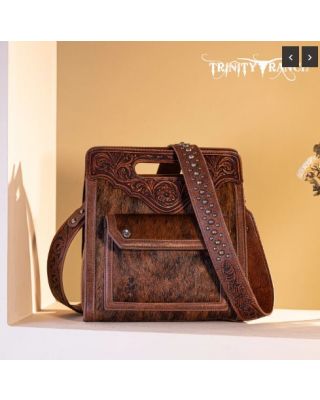 TR173G-A9360 BR  Trinity Ranch Hair-On Cowhide Floral Tooled Concealed Carry Crossbody Bag