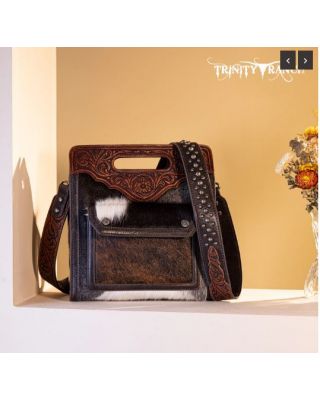TR173G-A9360 CF  Trinity Ranch Hair-On Cowhide Floral Tooled Concealed Carry Crossbody Bag