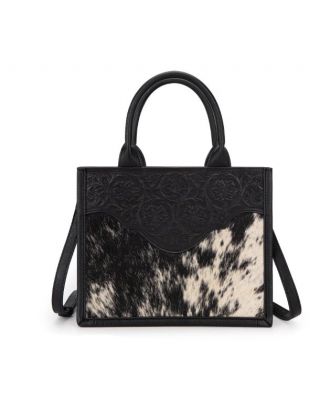 TR178G-8899 BK Trinity Ranch Hair On Cowhide Floral Tooled Concealed Carry Tote/Crossbody