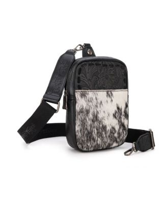 TR179-185 BK Trinity Ranch Genuine Hair-On Cowhide Tooled Sling Bag