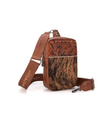 TR179-185 BR Trinity Ranch Genuine Hair-On Cowhide Tooled Sling Bag