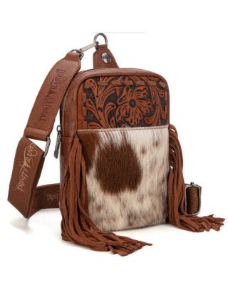 TR179-186 BR Trinity Ranch Genuine Hair-On Cowhide Tooled Fringe Sling Bag