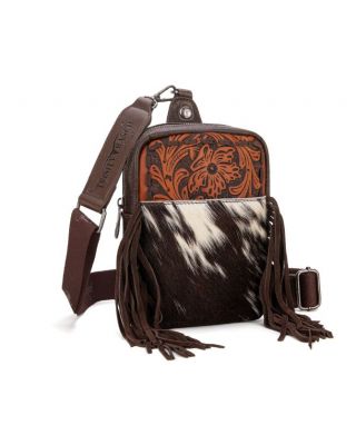 TR179-186 CF Trinity Ranch Genuine Hair-On Cowhide Tooled Fringe Sling Bag