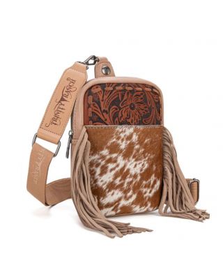 TR179-186 KH Trinity Ranch Genuine Hair-On Cowhide Tooled Fringe Sling Bag