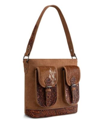 TR185G-918 BR rinity Ranch Genuine Hair-On Cowhide Tooled Concealed Carry Hobo Bag