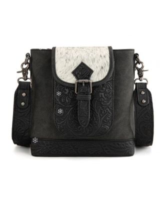 TR185G-9360 BK Trinity Ranch Genuine Hair-On Cowhide Tooled Concealed Carry Crossbody Bag