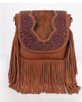 TR187-8360 BR Trinity Ranch Genuine Hair-On Cowhide Tooled Fringe Crossbody Bag