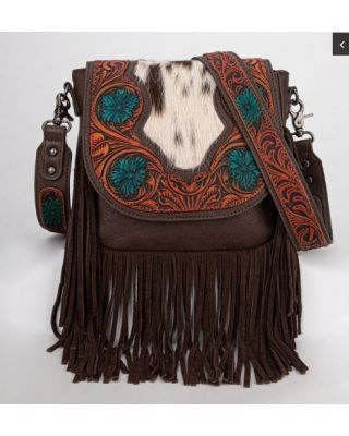 TR187-8360 CF Trinity Ranch Genuine Hair-On Cowhide Tooled Fringe Crossbody Bag